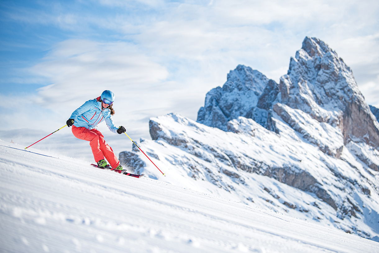 Female downhill skiing at Val Gardena